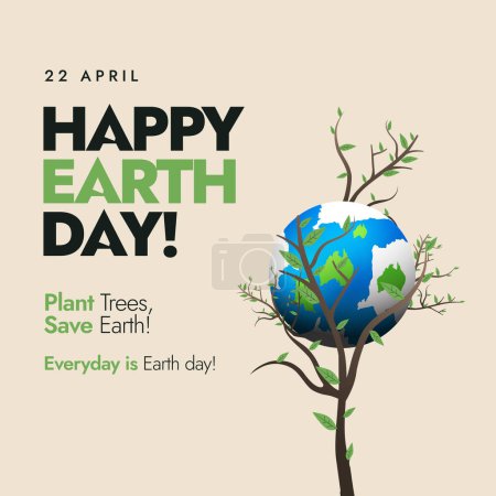 Happy Earth Day. 22nd April Earth day celebration banner with earth globe on an almost dry tree. Conceptual banner for plant trees and save plane. Actions to protect the environment.