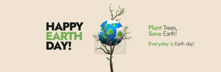 Happy Earth Day. Am 22. April wird auf einem fast trockenen Baum der Tag der Erde mit einer Erdkugel gefeiert. Konzeptionelles Social-Media-Banner für Bäume pflanzen und Planeten retten. Maßnahmen zum Schutz der Umwelt