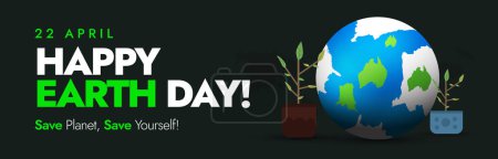 Happy Earth Day. 22nd April Happy earth day celebration social media cover banner with earth globe and mini plants on its sides. Conceptual banner for saving earth from environmental crisis. Save planet