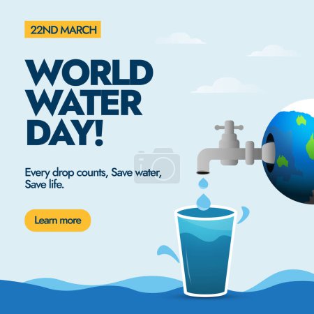 World Water Day. March 22, World Water Day celebration banner, post with earth globe having tap on it and water coming from tap into the glass. Importance of saving water awareness banner, card idea