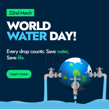 World water day. March 22, World Water Day celebration banner in dark blue background with earth globe and three taps on it. Saving water, leakage concept.