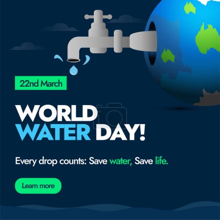 World Water Day. World water day celebration banner, card, social media post with earth globe and a tap inside the earth globe. Save water, save life. Importance of saving world's water awareness card