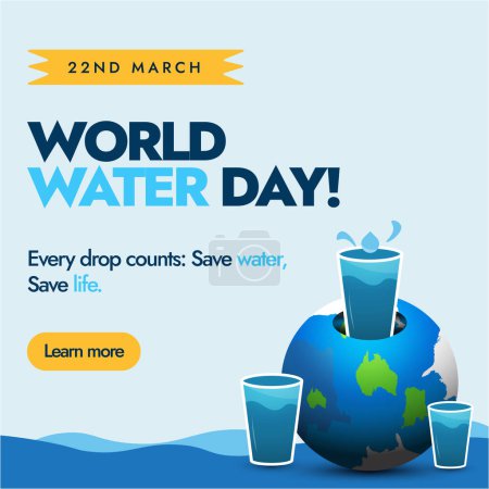 Weltwassertag. 22. März, Weltwassertag Feier Social-Media-Banner mit drei Wassergläsern rund um den Erdball, jeder Tropfen zählt. Wasser für den Frieden.