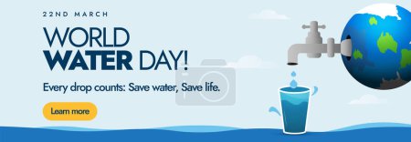 Weltwassertag. Am 22. März, dem Weltwassertag, wird ein Banner mit einer Erdkugel darauf und Wasser aus dem Wasserhahn in das Glas gehüllt. Bedeutung des Sparens Wasser Bewusstsein Banner, Kartenidee.