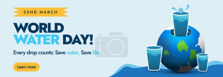 Journée mondiale de l'eau. Le 22 mars, la célébration de la Journée mondiale de l'eau couvre la bannière des médias sociaux avec trois verres d'eau autour du globe terrestre, chaque goutte d'eau compte. Sauver l'eau pour la paix, sauver la vie bannière conceptuelle.