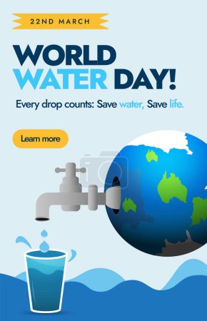 World Water Day. March 22, World Water Day celebration banner with earth globe having tap on it and water coming from tap into the glass. Save water, save life awareness banner, story post template.
