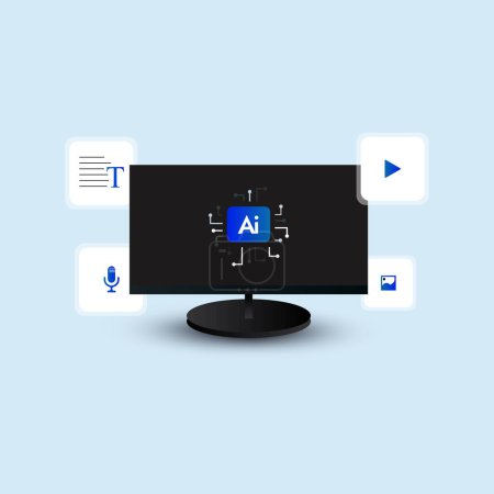 AI content generation concept. AI is for you with search bar. AI generative tools concept with icons of chatbots, image creation, music production, video making around a computer screen having ai icon