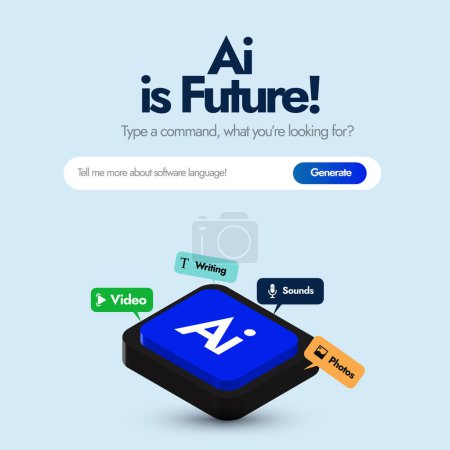 Téléchargez les illustrations : L'IA est un concept futur. L'intelligence artificielle est un concept futur avec des icônes chatbot et une barre de recherche. Ai outils icône de génération d'image, production de musique. Tapez ce que vous cherchez. - en licence libre de droit