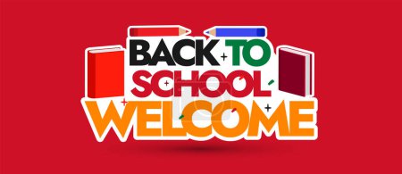 Back to school. Welcome back to school after vacations announcement social media cover banner with cute book and pencil icons. Back to school icon, sticker design in dark red background. Discover, inspire, achieve