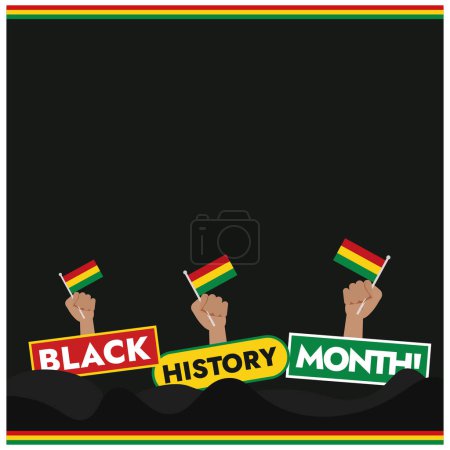 Black History Month 2024 banner. Feier des Monats der schwarzen Geschichte für die Opfer von Afroamerikanern. Hände mit Fahnen für den Monat der schwarzen Geschichte in den Farben schwarz, rot, gelb und grün. Vektor