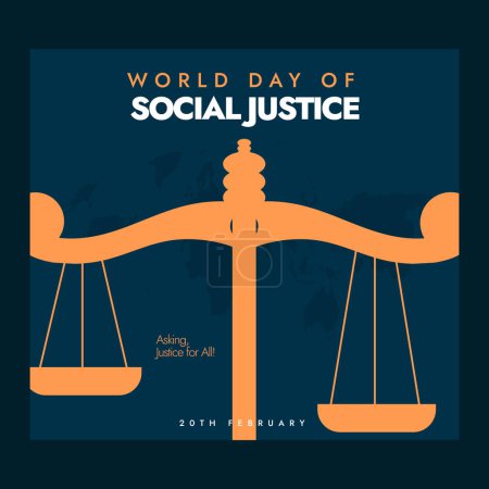 World Day of Social Justice. World social justice day banner in dark ocean blue colour with justice scale. 20th February 2024, Facebook post for justice day celebration to bring the world together