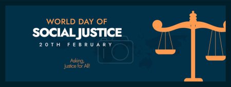 World Day of Social Justice cover banner. Website banner for promoting social justice for everyone. 2024 Justice for all human rights. Earth Globe Map and big Justice Scales. 20th February justice day