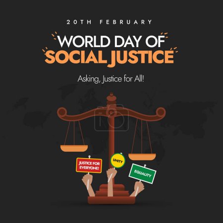 20th February World Day of Social justice. World day of social justice celebration banner and social media post template in black colour, with justice scales and hand icons holding posters for justice