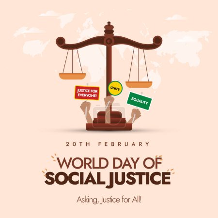 World day of social justice, 20th February Facebook post for social media with large justice scale and people showing and protesting with sign boards. Social justice day. Justice for all