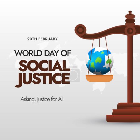 World day of social justice. World day of social justice celebration banner in grey colour with justice scales and an earth globe on it representing equality of everyone. International justice day.