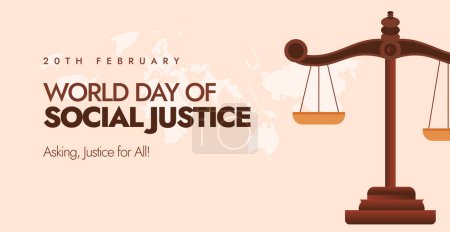 World day of Social Justice. World Day of Social Justice 20th February cover banner in light peach background with world map silhouette and scales of justice. Justice day concept banner template.