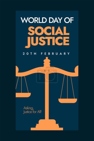 Welttag der sozialen Gerechtigkeit. Welttag der sozialen Gerechtigkeit am 20. Februar 2024, Festbanner in horizontaler Länge. Gerechtigkeitstag Post, Karte, Banner, Broschüre mit Gerechtigkeitswaagen in dunkelblauer Farbe