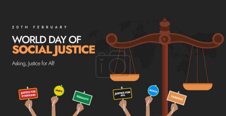 Journée mondiale de la justice sociale, couverture du 20 février pour les médias sociaux avec une grande échelle de la justice et des gens qui montrent et protestent avec des panneaux. Journée de la justice sociale. Droits de l'homme, unité, justice