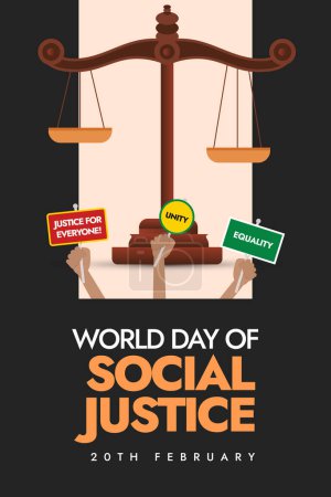 World day of Social Justice 20th February. World day of social justice story banner in dark black colour with justice scales and hands holding banner of justice for everyone, unity, equality. Brochure