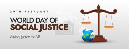 Journée mondiale de la justice sociale couverture, bannière pour le marketing Facebook. Bannière web pour promouvoir la justice pour tous. 2024 Justice pour tous les droits de l'homme. Earth Globe Map and big Justice Scales. Vecteur