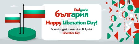Illustration for Happy liberation day Bulgaria. March 3rd Happy liberation day Bulgaria cover banner with its name written in Bulgarian language and Bulgaria flags and flag colours abstract retro elements. Abstract - Royalty Free Image