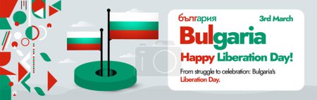 Téléchargez les illustrations : Joyeux jour de libération Bulgarie. 3 mars Joyeuse fête de la libération Bulgarie couverture bannière avec son nom écrit en langue bulgare et ses drapeaux et drapeaux couleurs abstraites éléments rétro. - en licence libre de droit