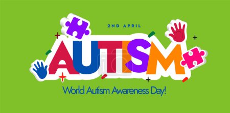 World Autism Day. 2nd April World Autism day celebration cover banner with colourful text, puzzle pieces and hand prints. Autism day awareness banner in light green background.