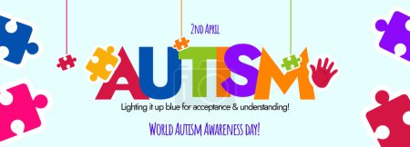 Illustration for World Autism Day 2024. 2nd April World Autism Day celebration cover banner with colourful text and puzzle pieces . Autism awareness cover banner, social media post with colour puzzle hanging pieces. - Royalty Free Image