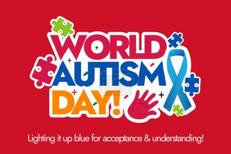 Journée mondiale de l'autisme. 2 avril Bannière de célébration de la Journée mondiale de l'autisme avec texte intégral en couleur et pièces de puzzle et ruban bleu. Bannière de sensibilisation à la journée de l'autisme en fond rouge foncé.