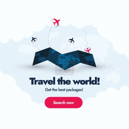 Reise und Tourismus Banner. Reisebüro Cover Banner für die besten Pakete. Reise um die Welt Cover mit faltbarer Weltkarte und Flugzeug-Symbol in blau und rosa Farbe. Reisen in die Welt 2024
