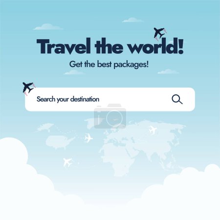 Reisen Sie um die Welt, holen Sie sich die besten Pakete. Reisebüro oder Unternehmen Facebook Werbebanner mit einer Suchleiste, um das Ziel zu suchen. Weltreise-Werbebanner mit Wolken und Flugzeug-Ikonen