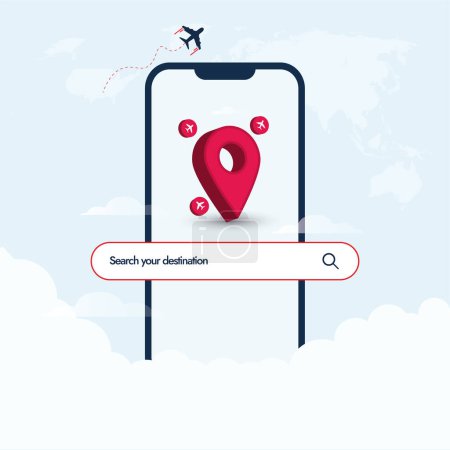 Aplicación móvil de navegación para viajar. Viaja por el mundo ahora con los mejores paquetes. Banner de promoción de Facebook de agencia de viajes con pantalla de teléfono móvil e icono de ubicación, y aviones.
