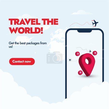 Travel the world, travelling company promotion banner. Travel the world, get the best packages. Travelling agency advertising banner with a mobile phone screen with location and airplane icons vector