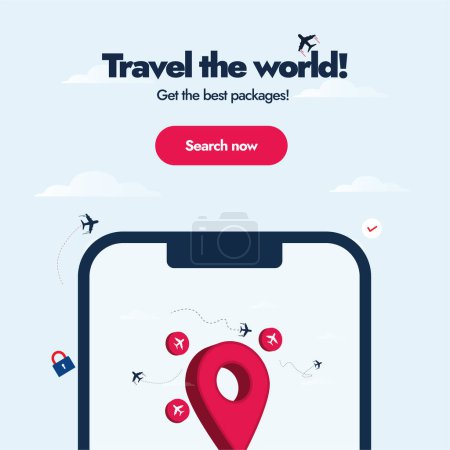 Reisen und Tourismus. Reisen Sie um die Welt, holen Sie sich die besten Pakete. Reisebüro-Werbebanner mit Location-Icon und Flugzeug-Icons. Zeit für eine Welttournee. Werbung für Reiseunternehmen Facebook-Post