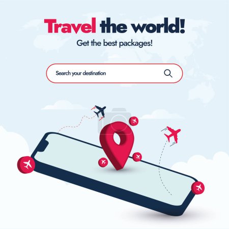 Travel and Tourism post. World Tourism Day, search your destination. Travel agency promotion post with 3D mobile phone screen, location icon, World map with dashed trace line and airplanes flying