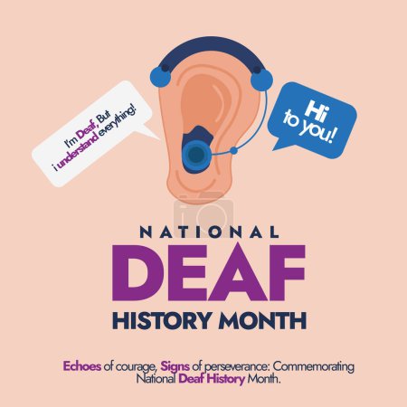 National Deaf history month. Deaf history month from April 1 to 30 celebration banner with ear icon and hearing aid on it.Banner to celebrate he achievements of people who are deaf and hard of hearing
