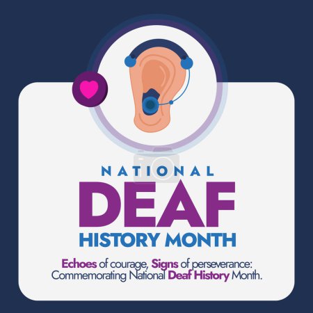 National Deaf History Month. Deaf History Month celebration banner with icon of ear wearing hearing aid. Social media post to raise awareness for the Deaf community and people with hearing issue