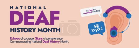National Deaf history month. Deaf history month celebration cover banner with ear icon and hearing aid on it. Cover Banner, post to celebrate he achievements of people who are deaf and hard of hearing