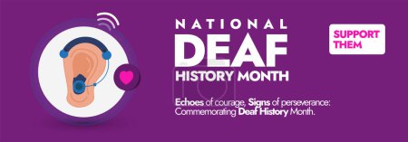 National Deaf History Month. Deaf History Month celebration cover banner with icon of ear wearing hearing aid in purple background. Social media post, banner to raise awareness for the Deaf community.