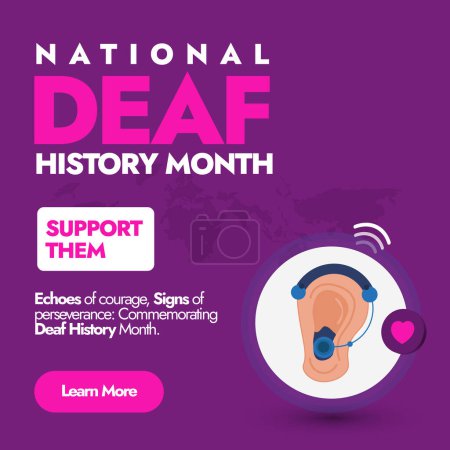 National Deaf History Month. Deaf History Month celebration banner with icon of ear wearing hearing aid in purple background. Social media post, banner to raise awareness for the Deaf community.