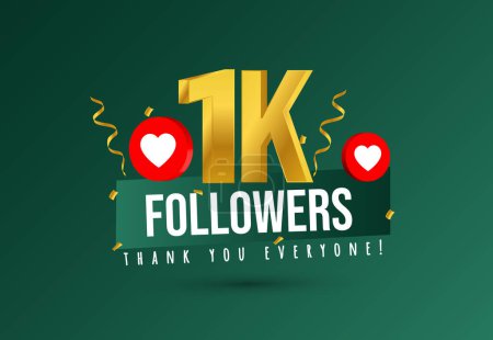 1k followers. Thank you for 1k followers on social media. 1000 followers thank you, celebration banner with heart icons, confetti on dark royal green background.