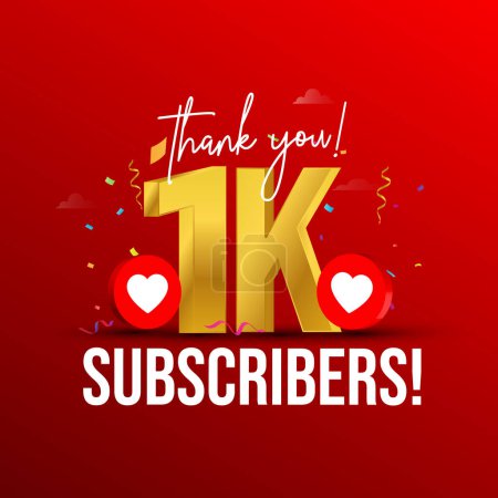 1k subscribers, followers. Thank you for 1k subscribers, followers on social media. 1000 subscribers thank you, celebration banner with heart icons, confetti on dark red background.