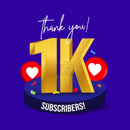 1k subscribers, followers. Thank you for 1k subscribers, followers on social media. 1000 subscribers thank you, celebration post with heart icons, confetti on purple background.