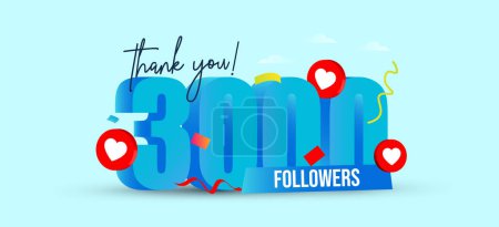 3000 Subscribers. Thank you for 3000 subscribers on social media. 3k followers thank you, celebration banner with heart icons, confetti on colourful aqua background. Celebration on achievement Vector