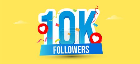 10k Followers, Subscribers social media colourful post. Thank you for Ten thousand, 10k subscribers, followers on social media. 10000 subscribers thank you, celebration banner with heart and confetti