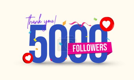 5000 Subscribers. Thank you for 5000 subscribers on social media. Five thousand or 5k followers thank you, social media celebration banner with heart icons, confetti on colourful white background.