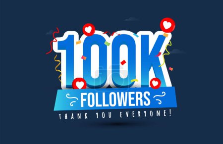 100k Followers, Subscribers social media colourful post.. Thank you for 100k subscribers, followers on social media. 1000000 subscribers thank you, celebration banner with heart and confetti