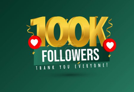 100k followers. Thank you for 100k followers on social media. 1000000 followers thank you, celebration banner with heart icons, confetti on royal green background.