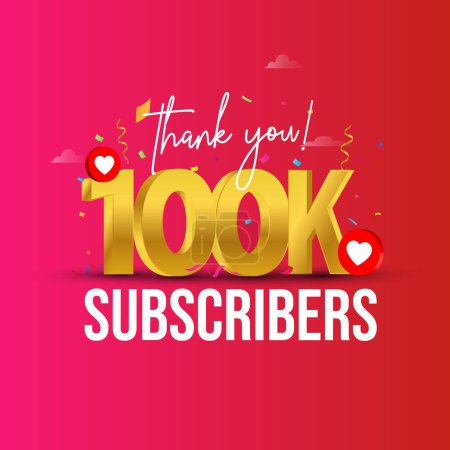 1000 Subscribers. Thank you for 1000 subscribers on social media. 1k followers thank you, celebration banner with heart icons, confetti on colourful background. Celebration on achievement