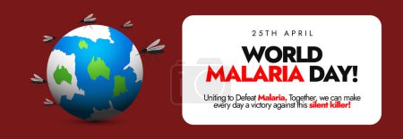 World Malaria day. 25th April World Malaria day celebration cover banner, post with earth globe and mosquitoes attacking on it with maroon background. Social media post for awareness against Malaria.
